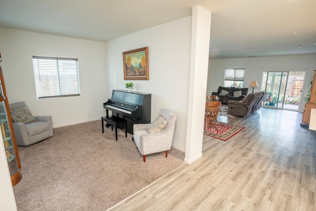 living area featuring plenty of natural light and light hardwood / wood-style floors