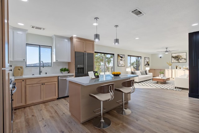 kitchen featuring light hardwood / wood-style floors, stainless steel appliances, plenty of natural light, and hanging light fixtures