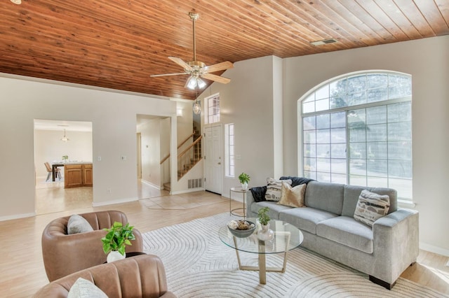 living room with light hardwood / wood-style floors, wooden ceiling, vaulted ceiling, and ceiling fan