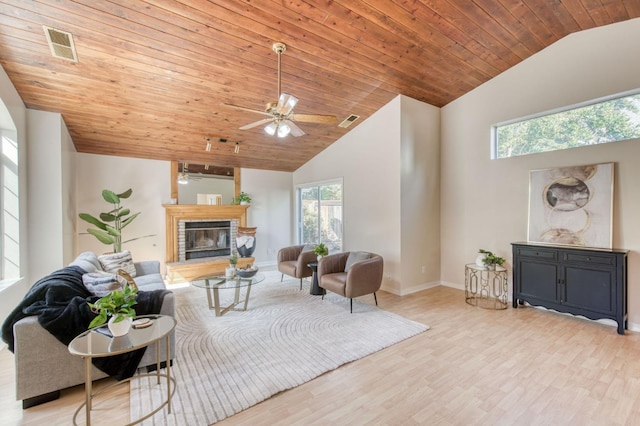 living room featuring light hardwood / wood-style flooring, high vaulted ceiling, wooden ceiling, and ceiling fan