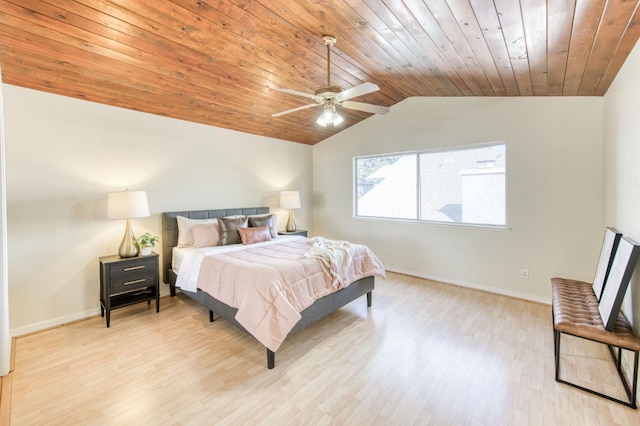 bedroom featuring ceiling fan, wooden ceiling, vaulted ceiling, and light wood-type flooring