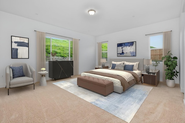 carpeted bedroom featuring multiple windows