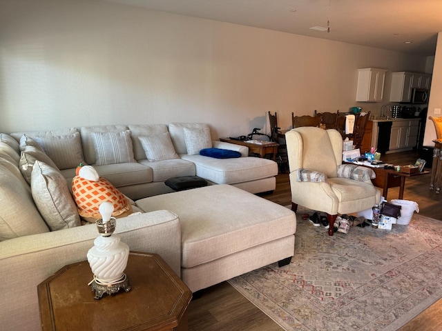 living room featuring dark wood-type flooring