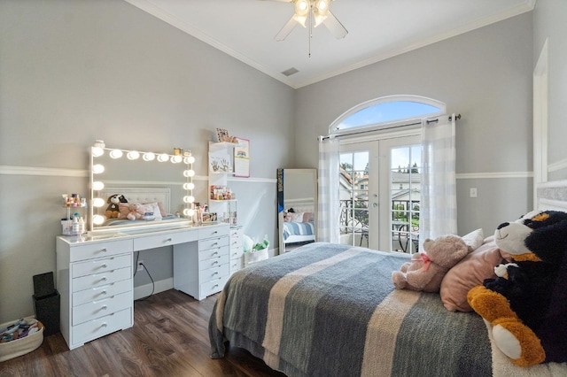 bedroom with ceiling fan, dark hardwood / wood-style flooring, access to outside, and crown molding