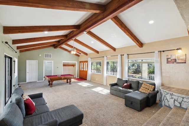 recreation room with pool table, lofted ceiling with beams, carpet flooring, and ceiling fan