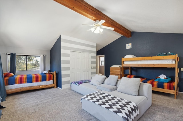 bedroom with vaulted ceiling with beams, carpet floors, a closet, and ceiling fan