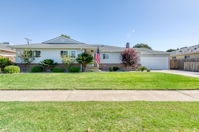 ranch-style house with a front yard and a garage