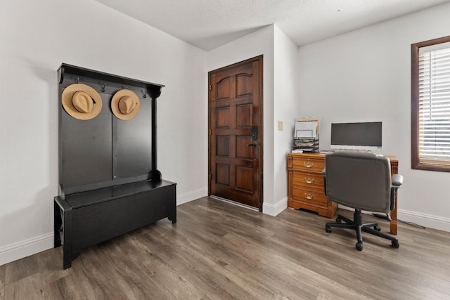 office space featuring a textured ceiling and dark hardwood / wood-style flooring