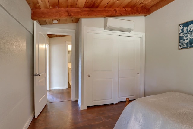 bedroom featuring vaulted ceiling with beams, wood ceiling, a wall unit AC, and dark hardwood / wood-style floors