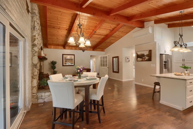 dining space with a wall mounted air conditioner, vaulted ceiling with beams, a chandelier, dark hardwood / wood-style flooring, and wooden ceiling