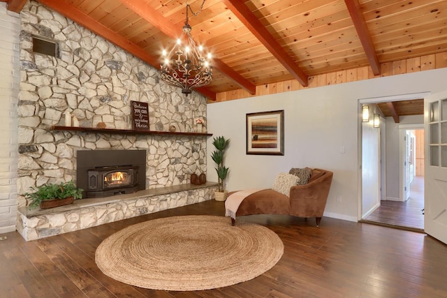 living area with an inviting chandelier, high vaulted ceiling, wooden ceiling, dark hardwood / wood-style flooring, and beam ceiling