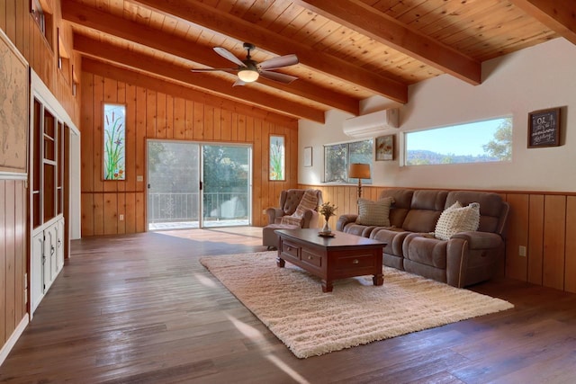 living room featuring wood ceiling, wooden walls, dark hardwood / wood-style flooring, and a wall unit AC