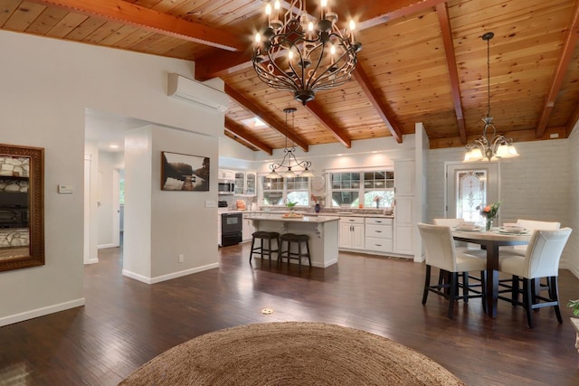 dining area featuring dark wood-type flooring, wood ceiling, a chandelier, lofted ceiling with beams, and an AC wall unit