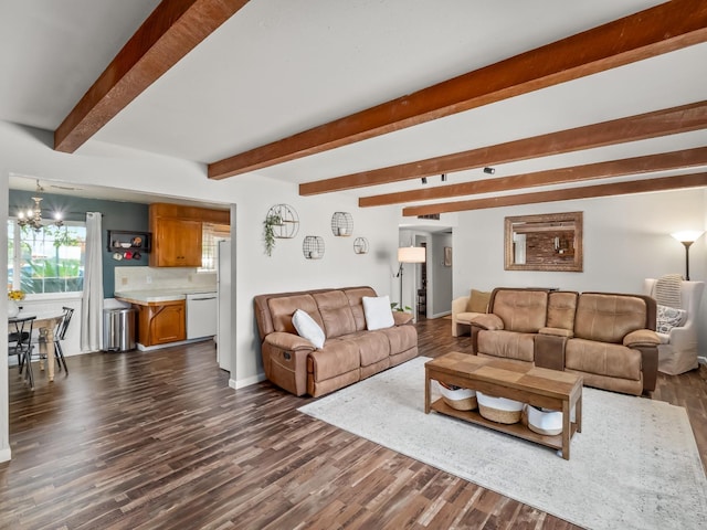 living room featuring beam ceiling, dark wood-style flooring, and baseboards