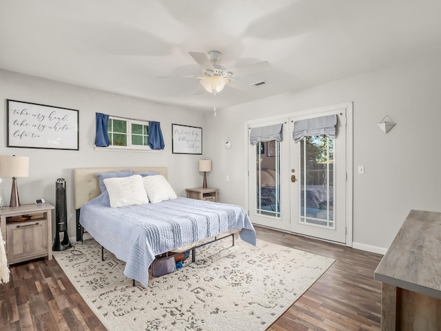 bedroom with french doors, dark wood-style floors, visible vents, and access to exterior