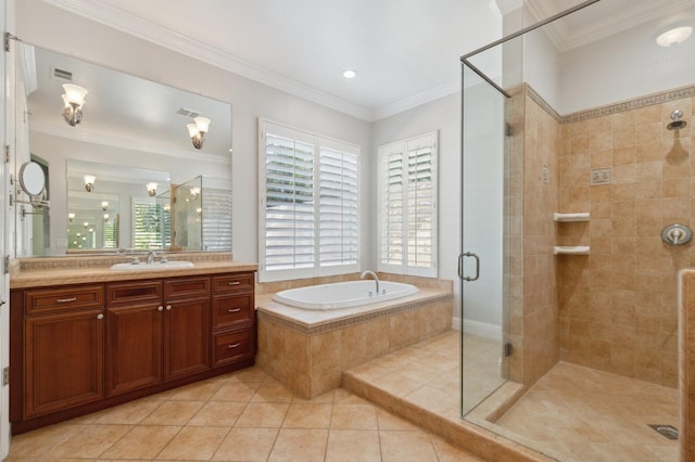 bathroom with vanity, ornamental molding, tile patterned floors, and separate shower and tub