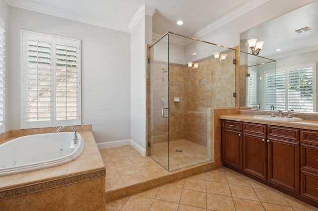 bathroom with vanity, independent shower and bath, ornamental molding, and tile patterned flooring