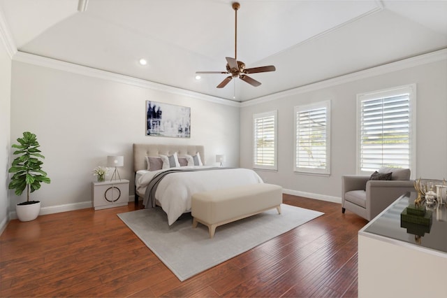 bedroom with dark wood-type flooring, ceiling fan, and crown molding