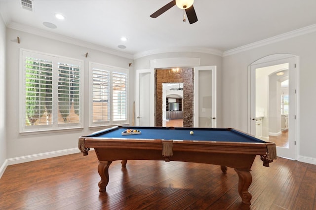 rec room with hardwood / wood-style flooring, ornamental molding, and billiards