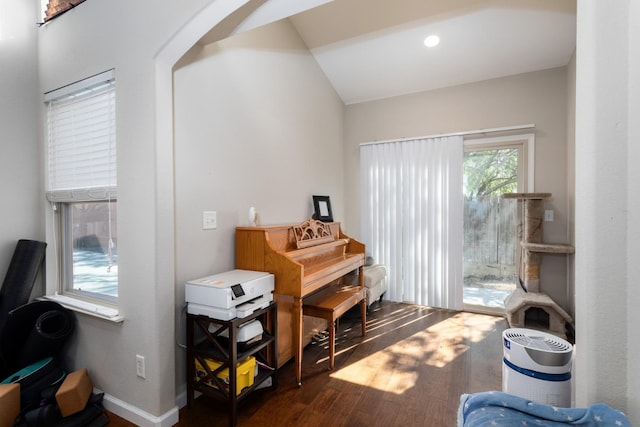 miscellaneous room with dark wood-type flooring, arched walkways, vaulted ceiling, and baseboards