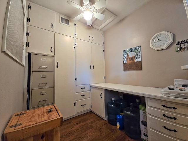 office space with dark wood-type flooring and ceiling fan