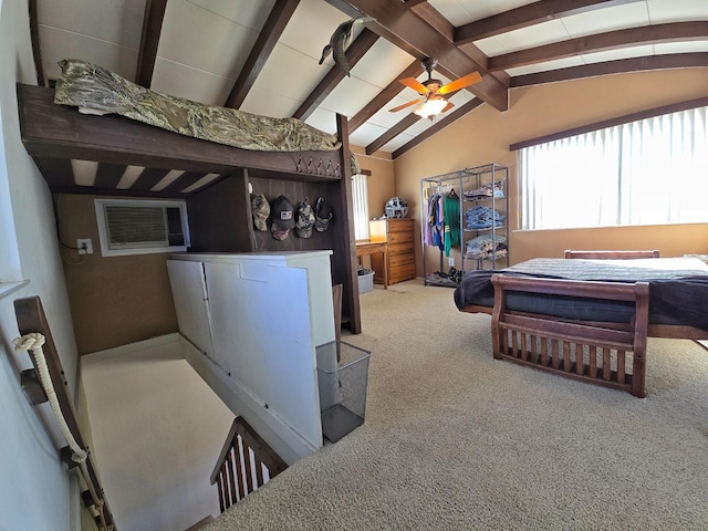 bedroom featuring ceiling fan, light colored carpet, and lofted ceiling with beams