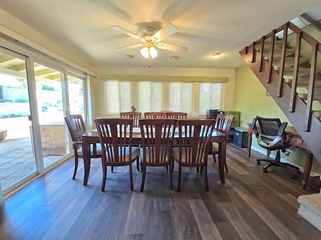 dining space with dark hardwood / wood-style flooring, a wealth of natural light, and ceiling fan