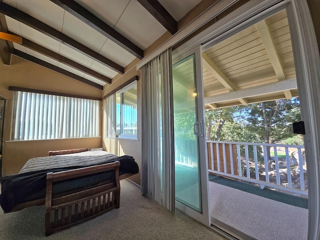 bedroom with carpet flooring and vaulted ceiling with beams