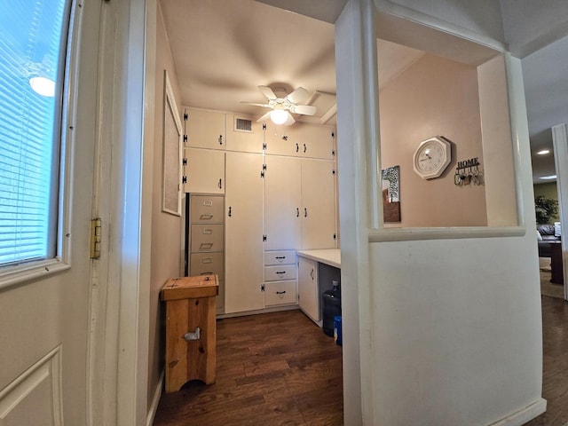 interior space with dark hardwood / wood-style floors and ceiling fan