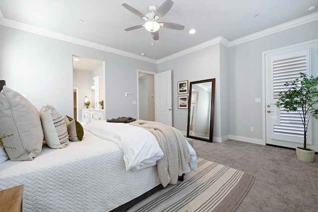 carpeted bedroom featuring crown molding, connected bathroom, and ceiling fan