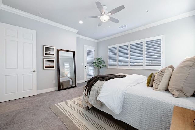 bedroom with crown molding, light carpet, and ceiling fan