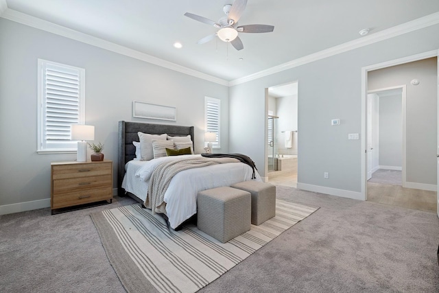 carpeted bedroom with connected bathroom, crown molding, and ceiling fan