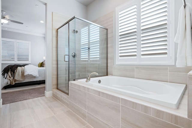 bathroom with ornamental molding, shower with separate bathtub, and ceiling fan