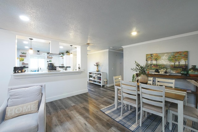 dining area with crown molding, a textured ceiling, and dark wood-type flooring