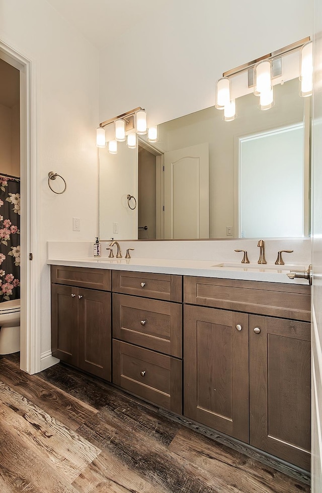 bathroom featuring vanity, wood-type flooring, and toilet