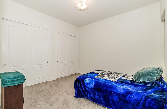 carpeted bedroom with two closets