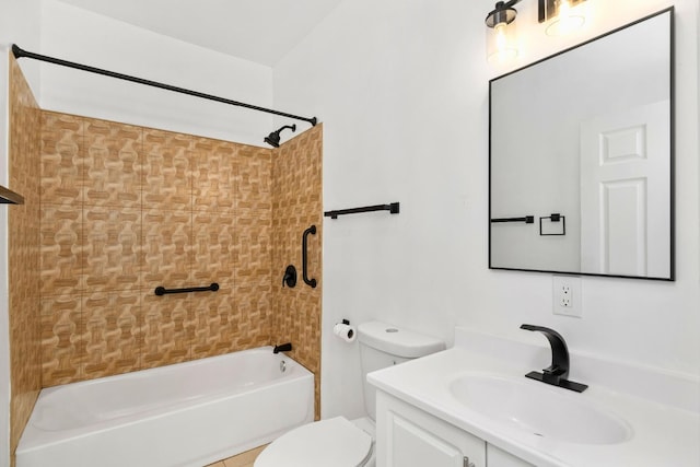 full bathroom featuring toilet, tiled shower / bath combo, vanity, and tile patterned flooring