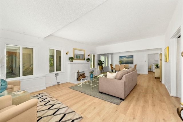 living room with a textured ceiling and light hardwood / wood-style floors