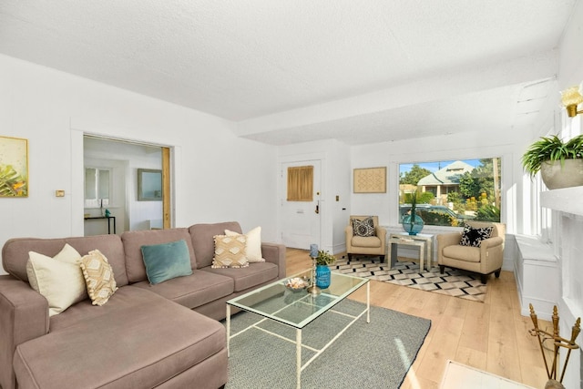 living room featuring light hardwood / wood-style floors and a textured ceiling