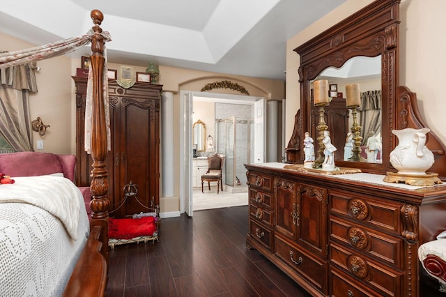 bedroom featuring a tray ceiling and dark wood-type flooring