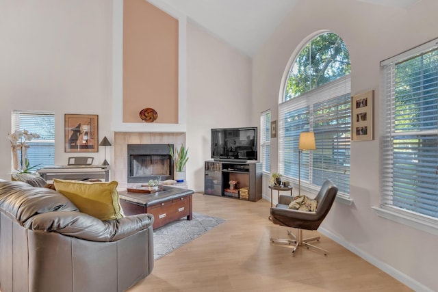 living room with a fireplace, high vaulted ceiling, and light wood-type flooring