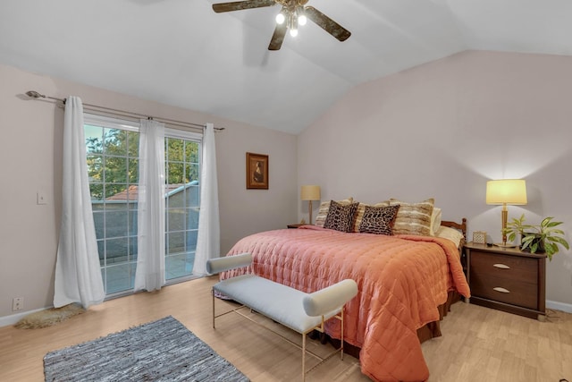 bedroom with ceiling fan, access to outside, lofted ceiling, and light wood-type flooring