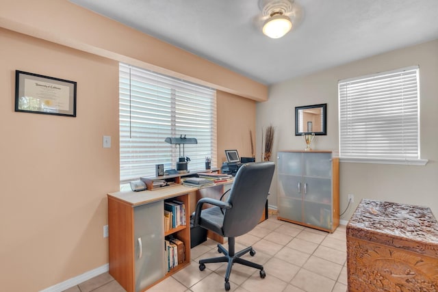 tiled office with ceiling fan