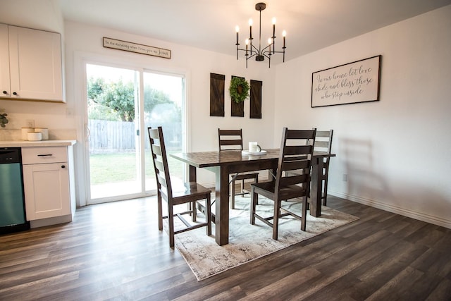 dining space featuring dark hardwood / wood-style flooring and an inviting chandelier