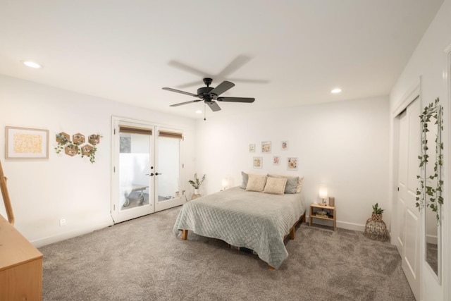 carpeted bedroom featuring french doors and ceiling fan