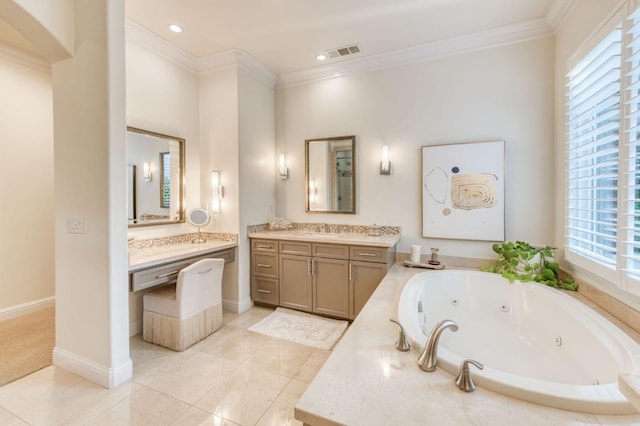 bathroom with vanity, ornamental molding, tiled bath, and tile patterned floors