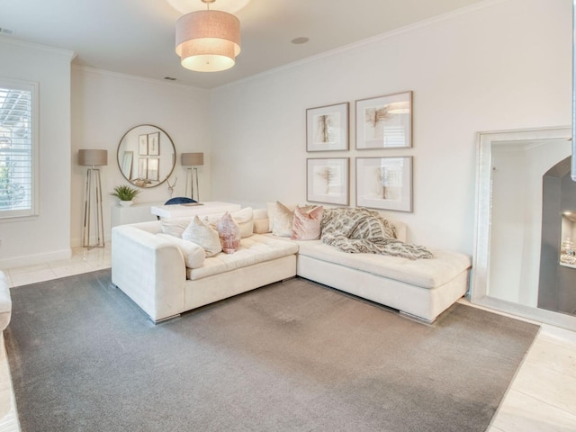 tiled living room featuring crown molding