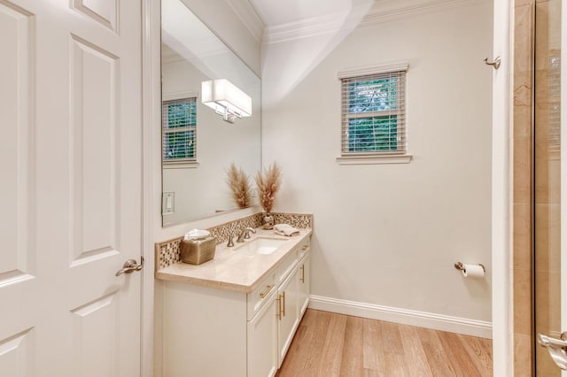 bathroom with vanity, crown molding, and wood-type flooring