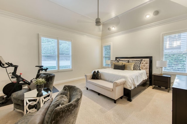 bedroom with light carpet, ornamental molding, and ceiling fan