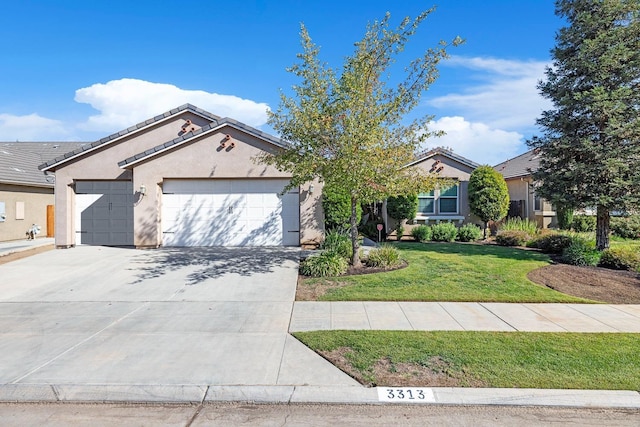 3313 Whiteash Ave, Clovis, CA 93619 - ranch-style home with a garage, stucco siding, driveway, a front lawn, and a tile roof